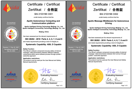 百度阿波罗中间件软件模块获得雅析颁发exida ASIL D 产品认证证书